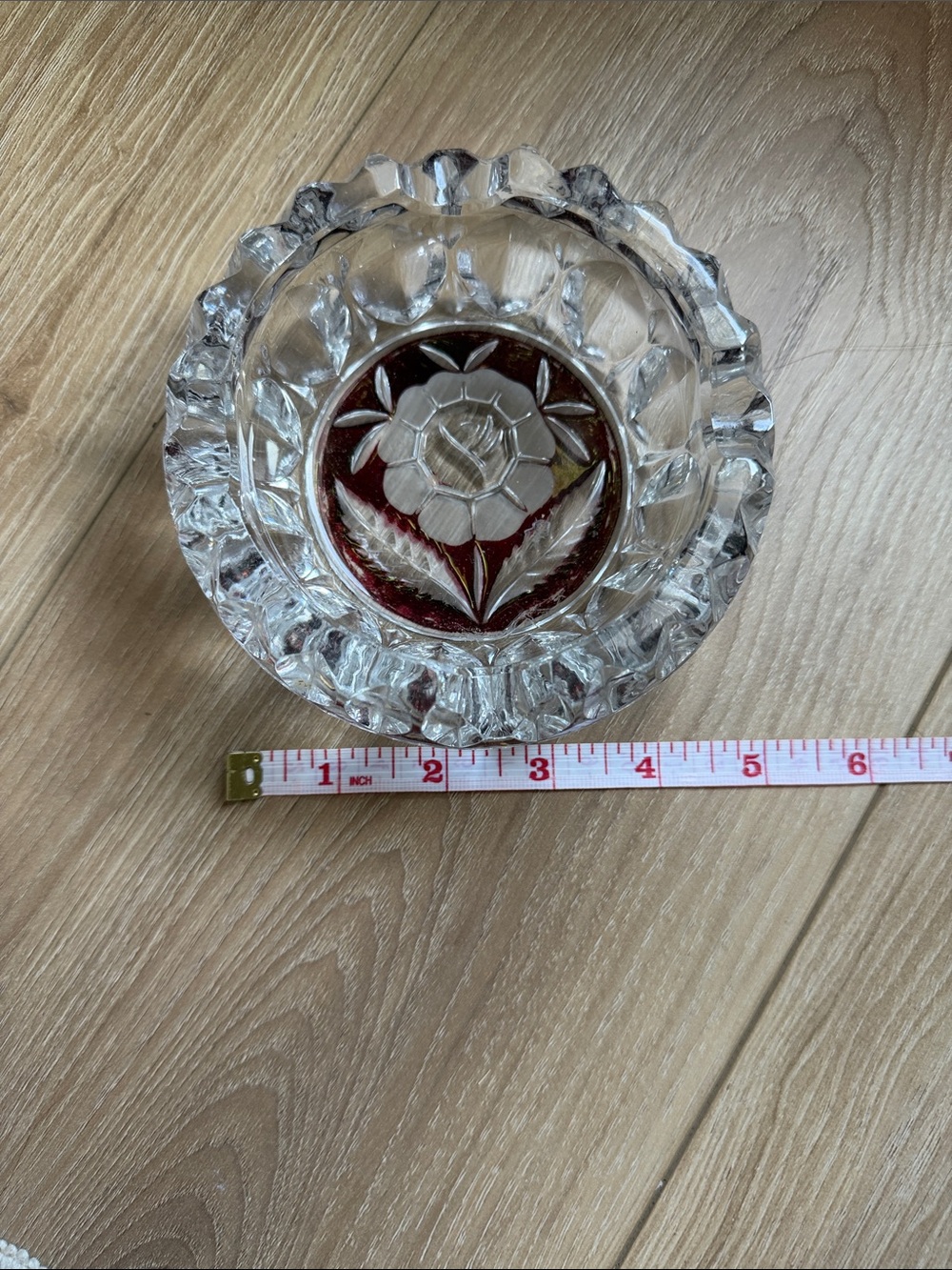 Clear Glass Decorative Ashtray with Red Center Floral Motif